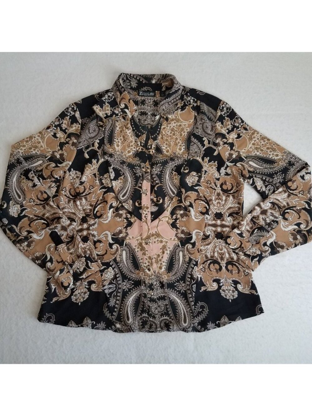 7th Avenue Paisley Blouse LARGE Black Brown Tan Pink Ruffle Button Front V Neck 